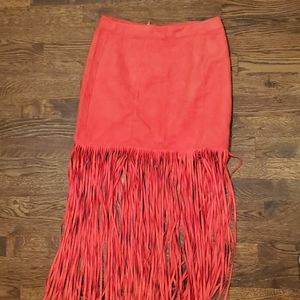Faux suede long fringe skirt coral color